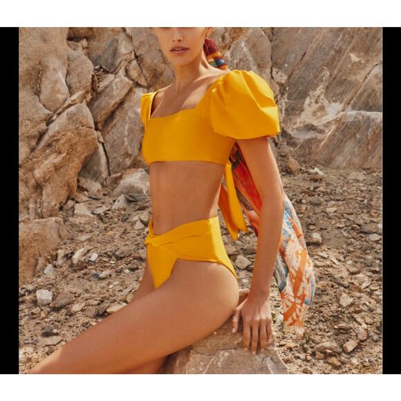 NWT Agua Bendita Womens Bikini Top Puff Sleeves Calista Free People Gold S - Picture 1 of 3